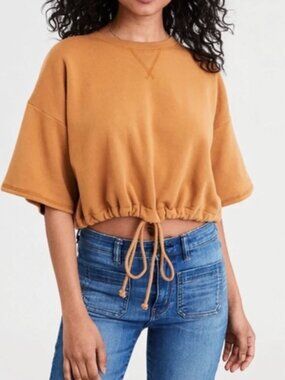 American Eagle Mustard Cropped Oversized Short Sleeve Sweatshirt, Size M